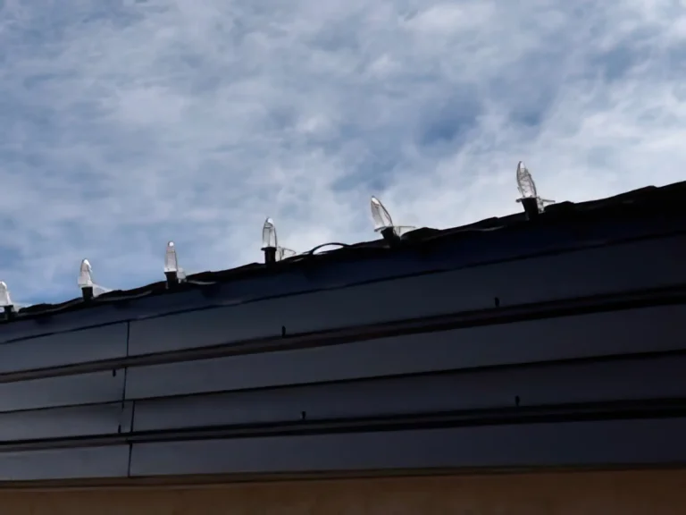 Holiday lights along a metal roofline